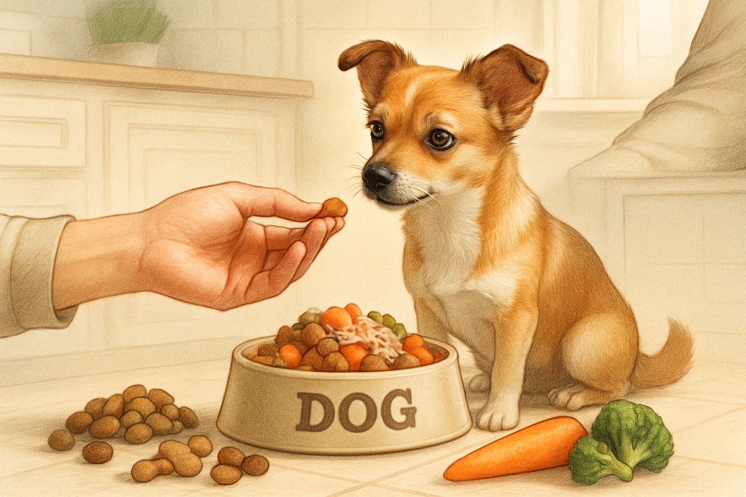 A small dog sitting by a feeding bowl while a person offers food in a cozy kitchen setting.