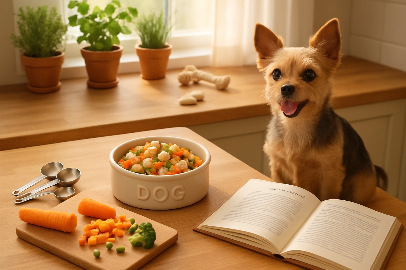 A small dog sits near a kitchen counter where a nutritious meal with chicken, vegetables, and grains is being prepared.