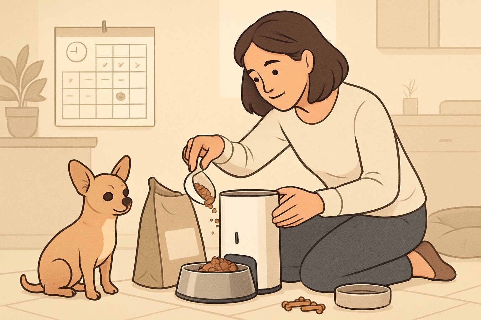 A person feeding a small dog with a measured portion of food next to a feeding station and a visible feeding schedule in a cozy home setting.