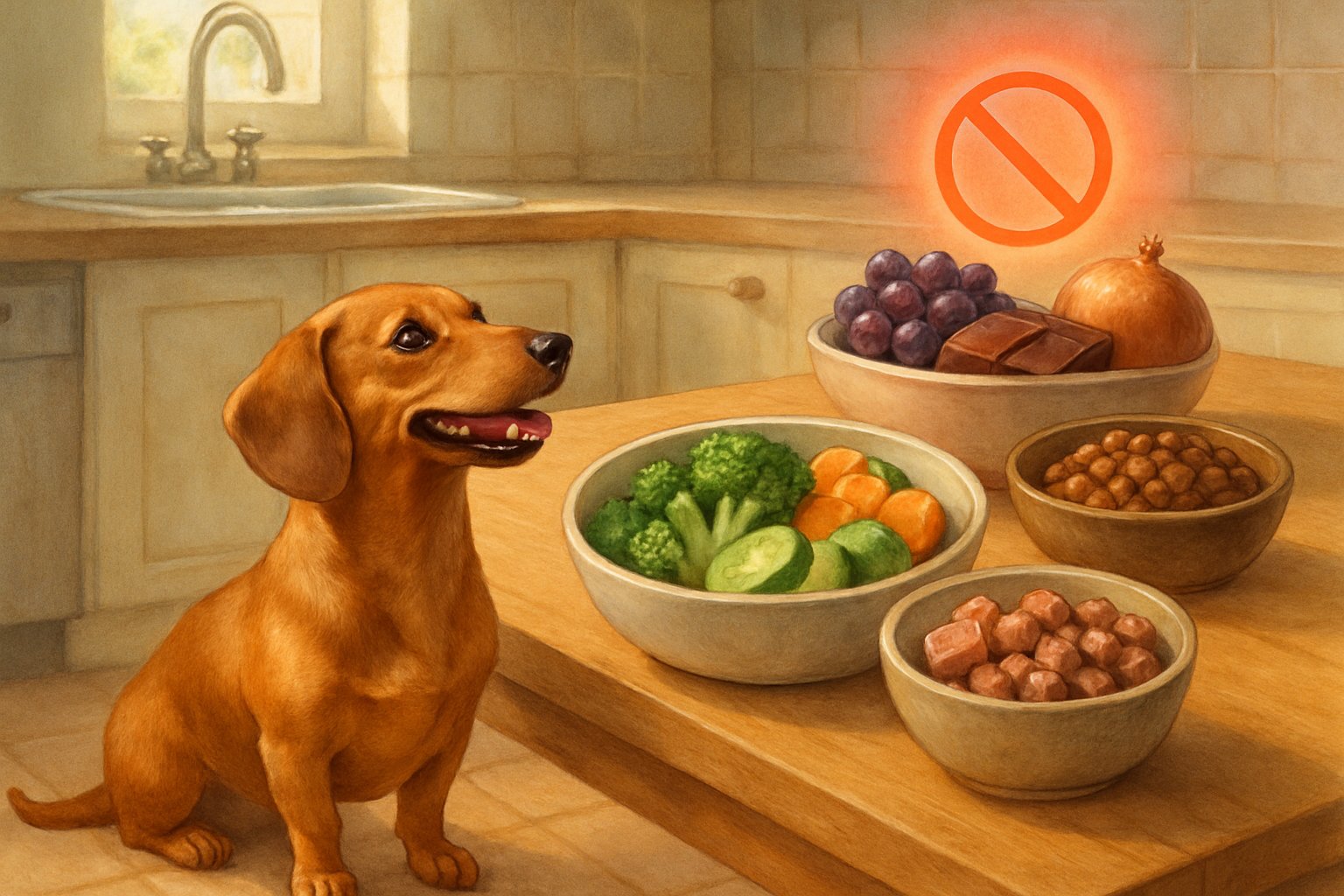 A small dog sitting by a kitchen table with bowls of safe dog food and nearby bowls containing hazardous foods like grapes and chocolate placed out of reach.