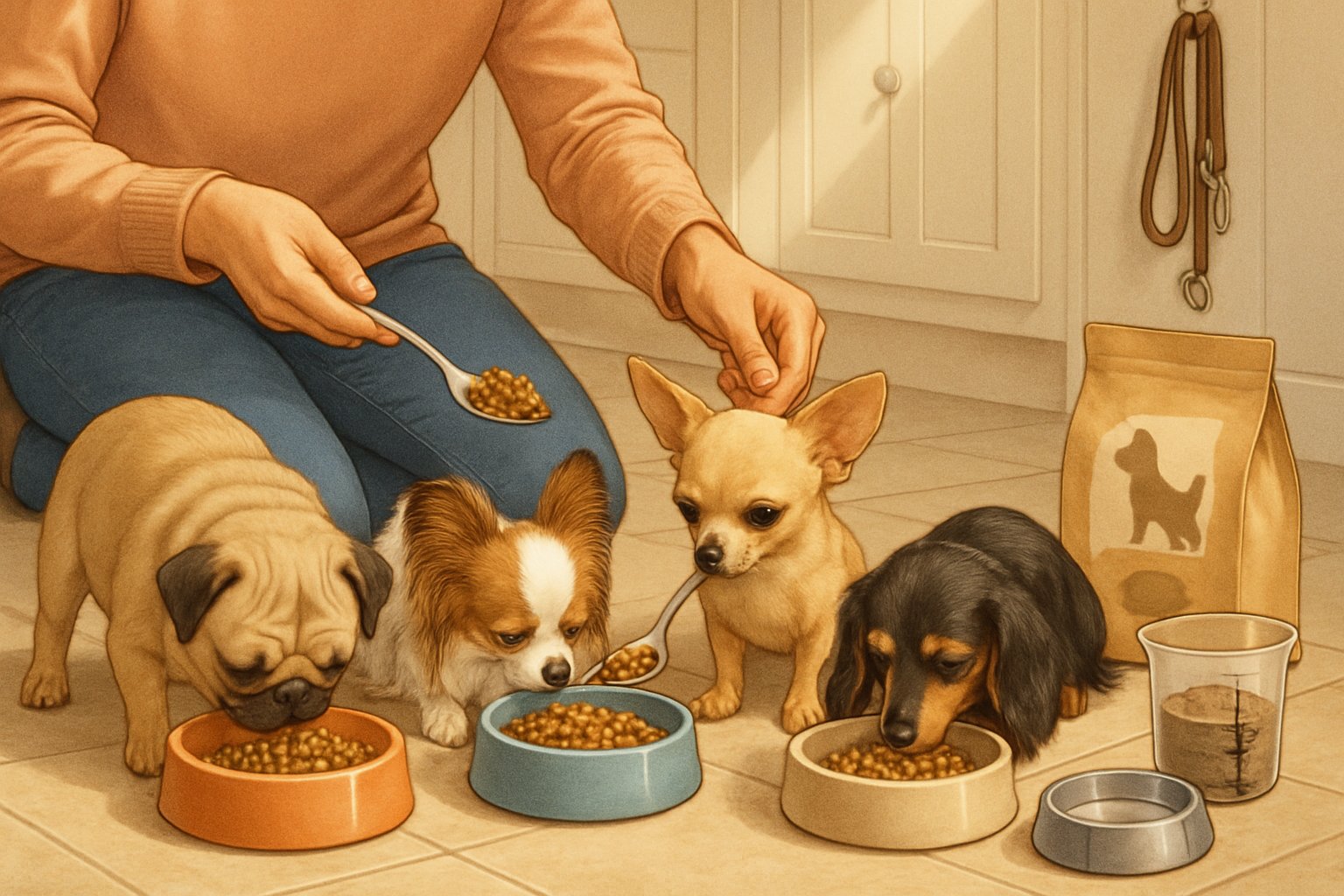 A person feeding small dogs from bowls on a kitchen floor with dog food and water nearby in a cozy home setting.