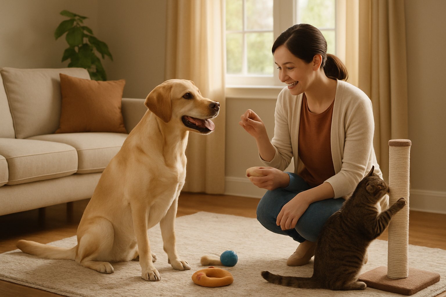 A dog sitting calmly on a rug and a cat scratching a post while a person interacts gently with the dog in a cozy living room.
