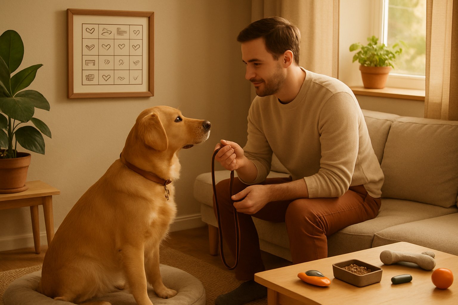 A pet owner calmly training their attentive dog in a cozy living room with a schedule board and pet supplies nearby.