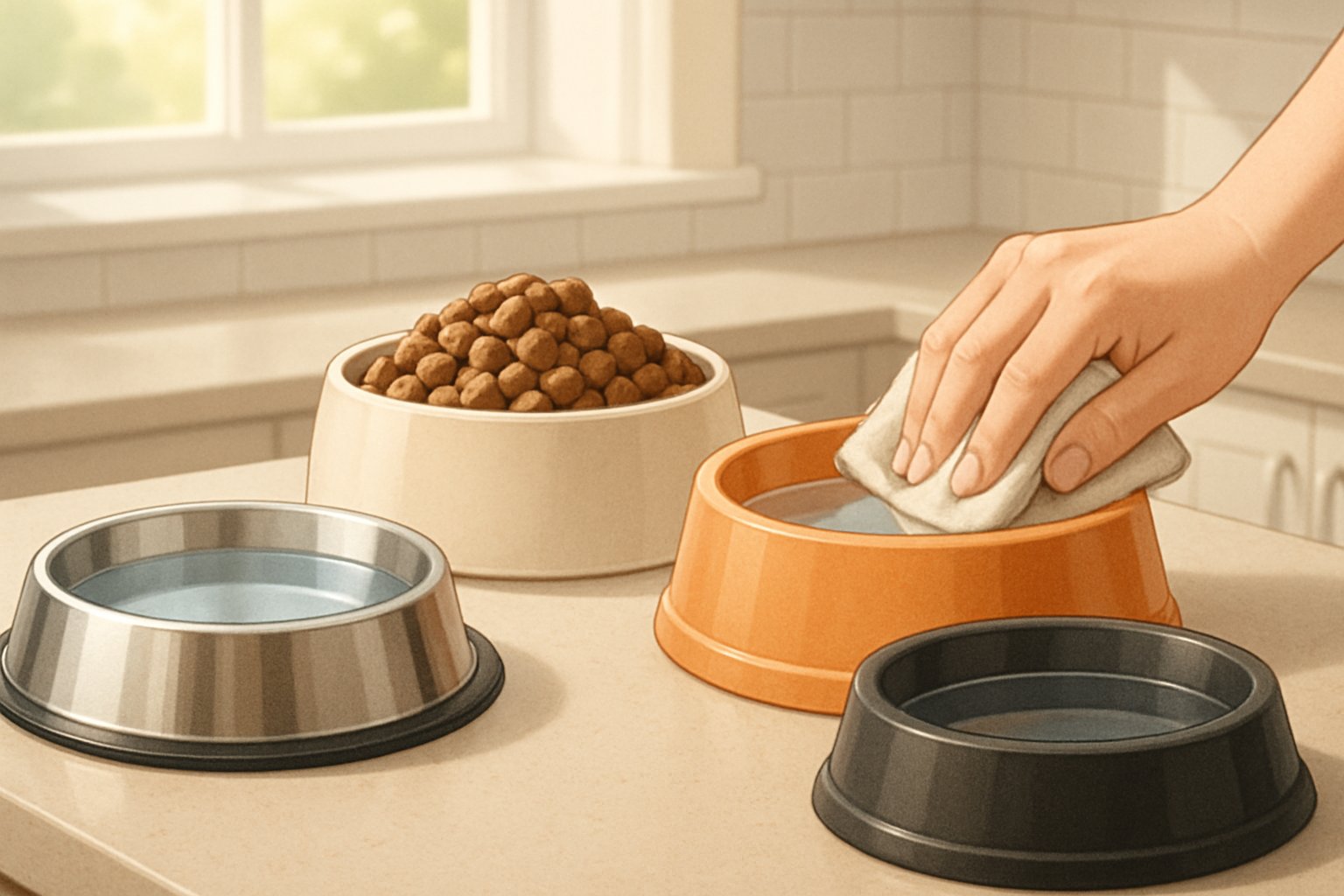 A kitchen countertop with different dog bowls made of stainless steel, ceramic, and plastic, one being cleaned with a cloth.