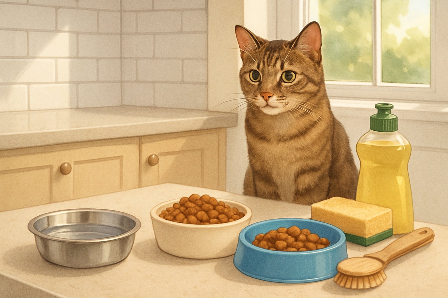 A cat sitting next to three clean cat bowls made of different materials on a kitchen countertop with cleaning supplies nearby.