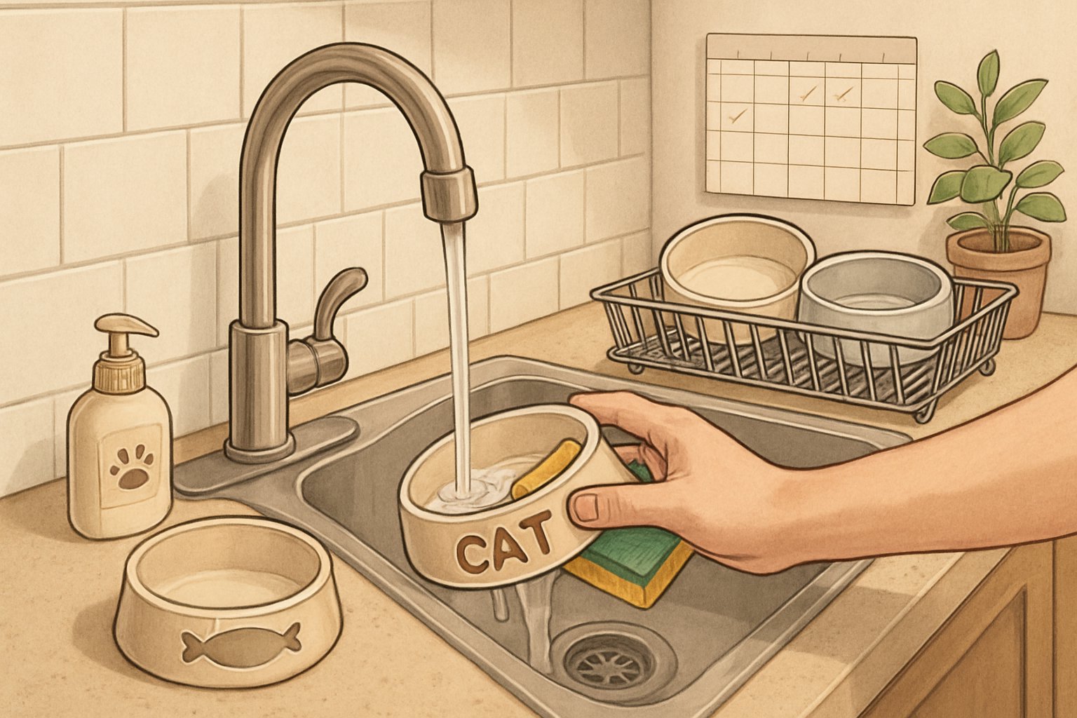 A person washing a cat's food bowl under a faucet with cleaning supplies nearby on a kitchen countertop.