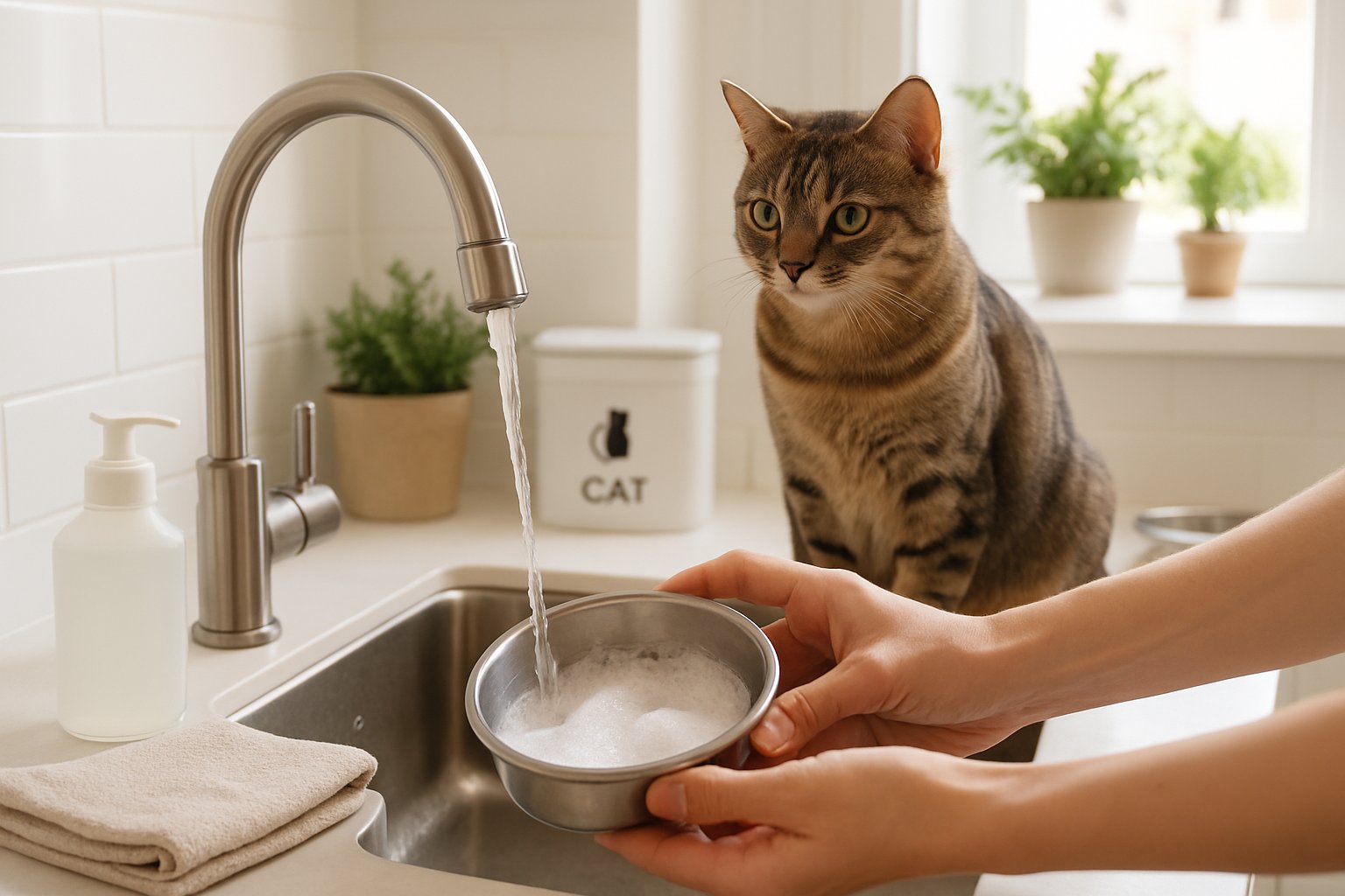 A person washing a cat's bowl under running water while a cat watches nearby in a clean kitchen.