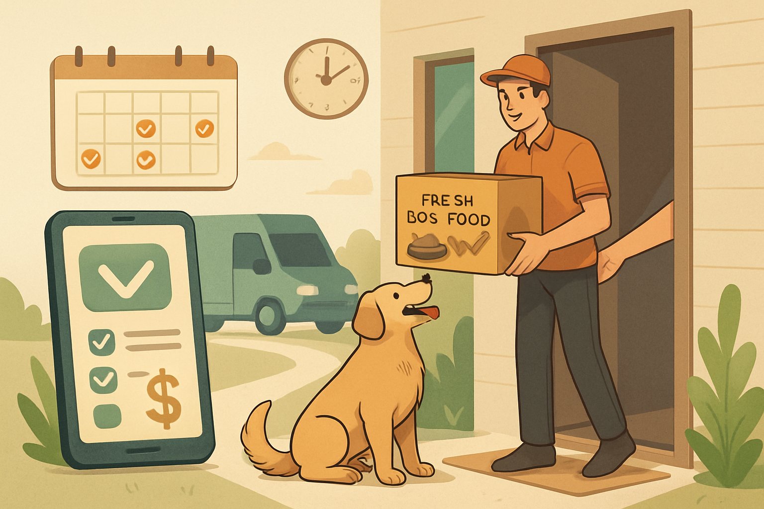 A delivery person hands a box of fresh dog food to a pet owner at their doorstep while a happy dog waits nearby, with a calendar and digital device showing subscription details in the background.
