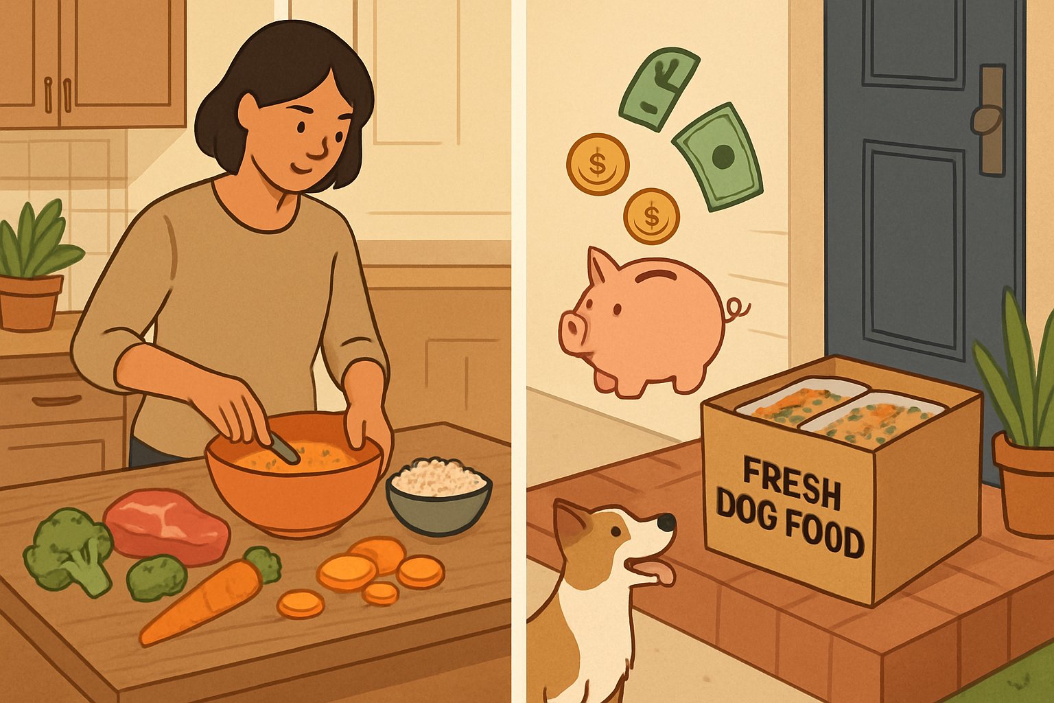 A split scene showing a person preparing fresh dog food in a kitchen on one side and a fresh dog food delivery box at a doorstep on the other, with a dog nearby.