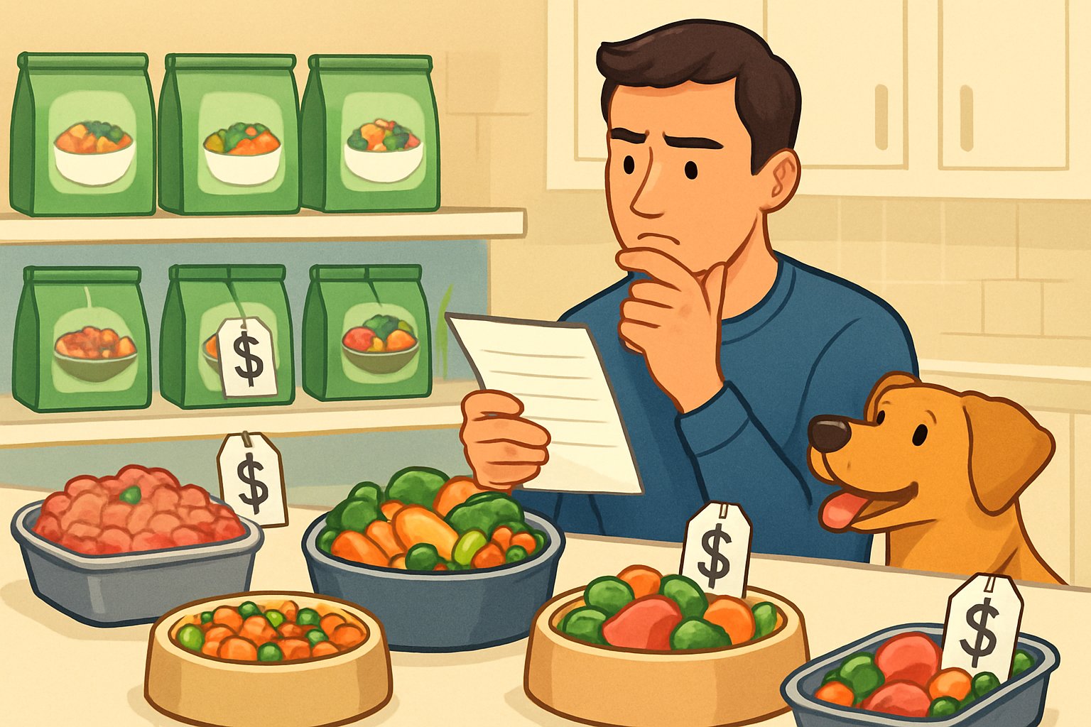 A person comparing fresh dog food options with price tags while a dog watches nearby in a kitchen or store setting.