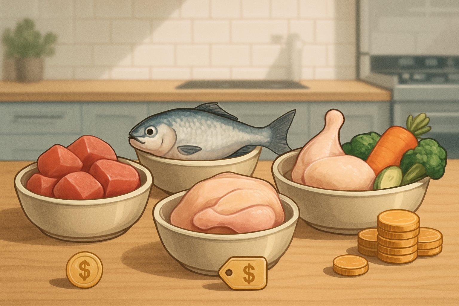 Various types of fresh cat food in bowls on a wooden table, including raw meat, fish, poultry, and vegetables, with subtle icons indicating different price levels, set in a modern kitchen.