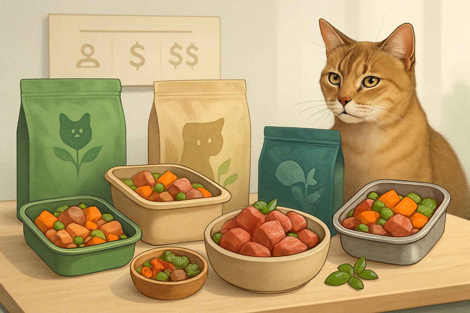 A variety of fresh cat food products displayed on a table with a cat nearby, showing different bowls and containers filled with fresh ingredients.