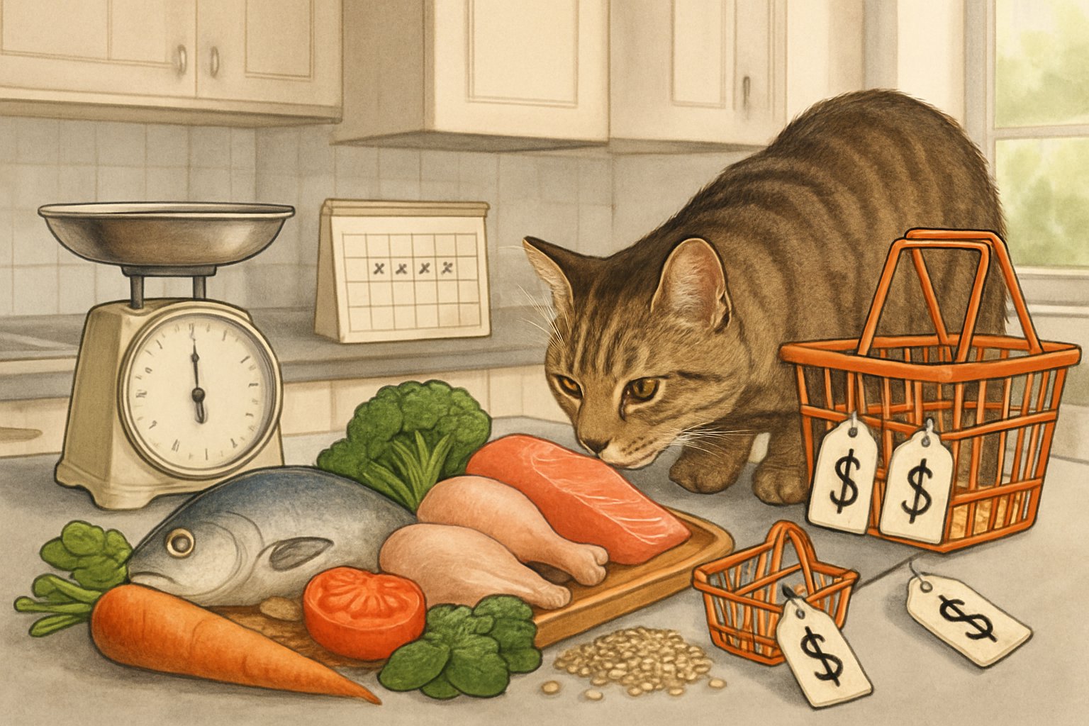 A cat sniffing fresh raw ingredients like fish, chicken, and vegetables on a kitchen counter with measuring scales and a shopping basket nearby.