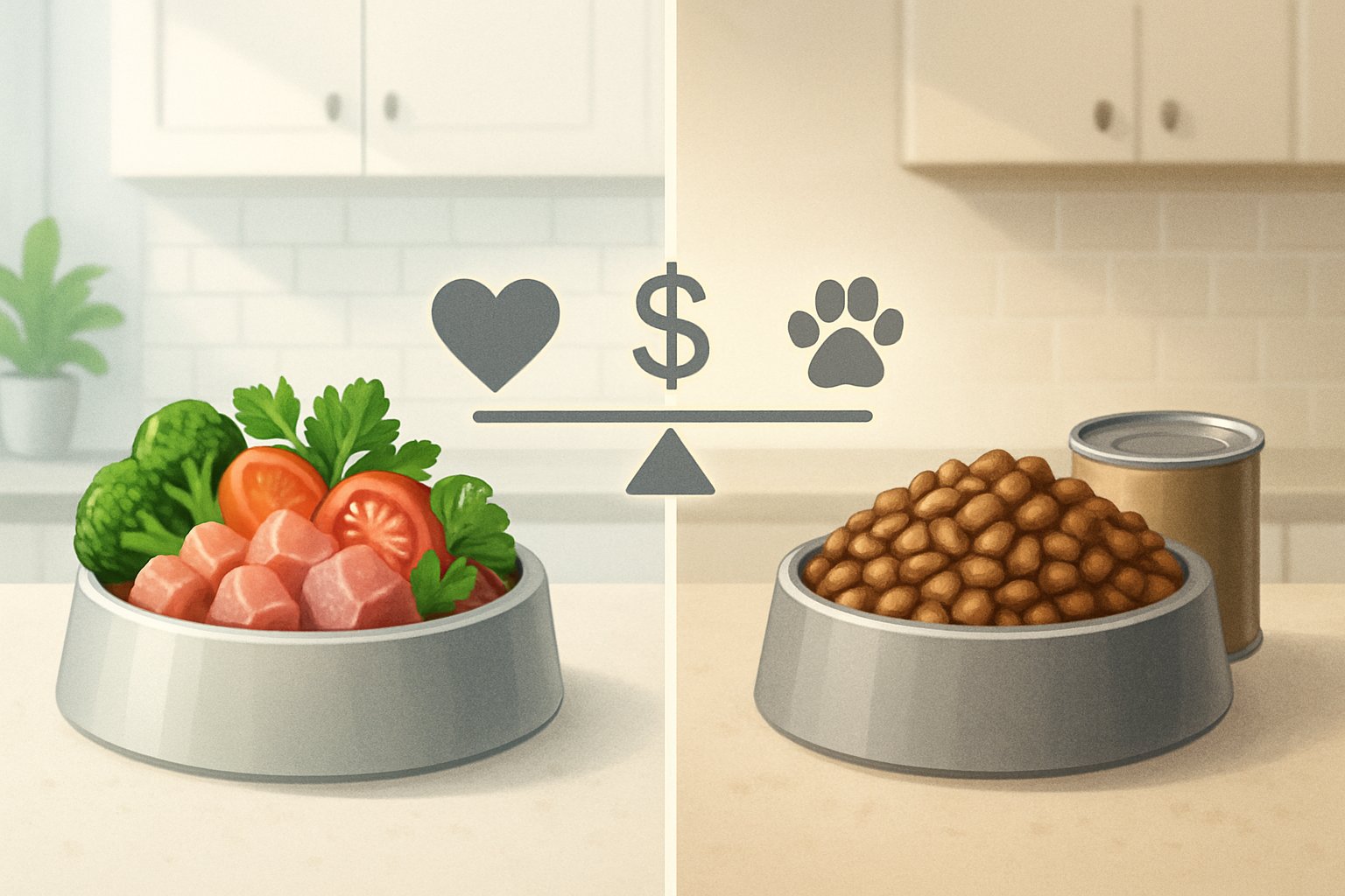 Two bowls of cat food side by side, one with fresh ingredients like vegetables and meat, the other with dry kibble and canned food, with symbols representing health, cost, and pet satisfaction between them.
