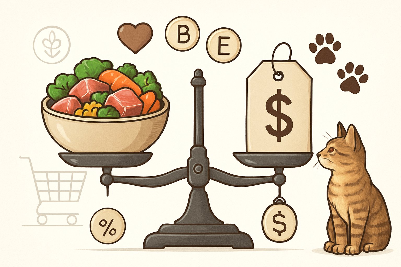 A cat looking at a balanced scale with fresh cat food on one side and a price tag on the other, surrounded by nutrition symbols.