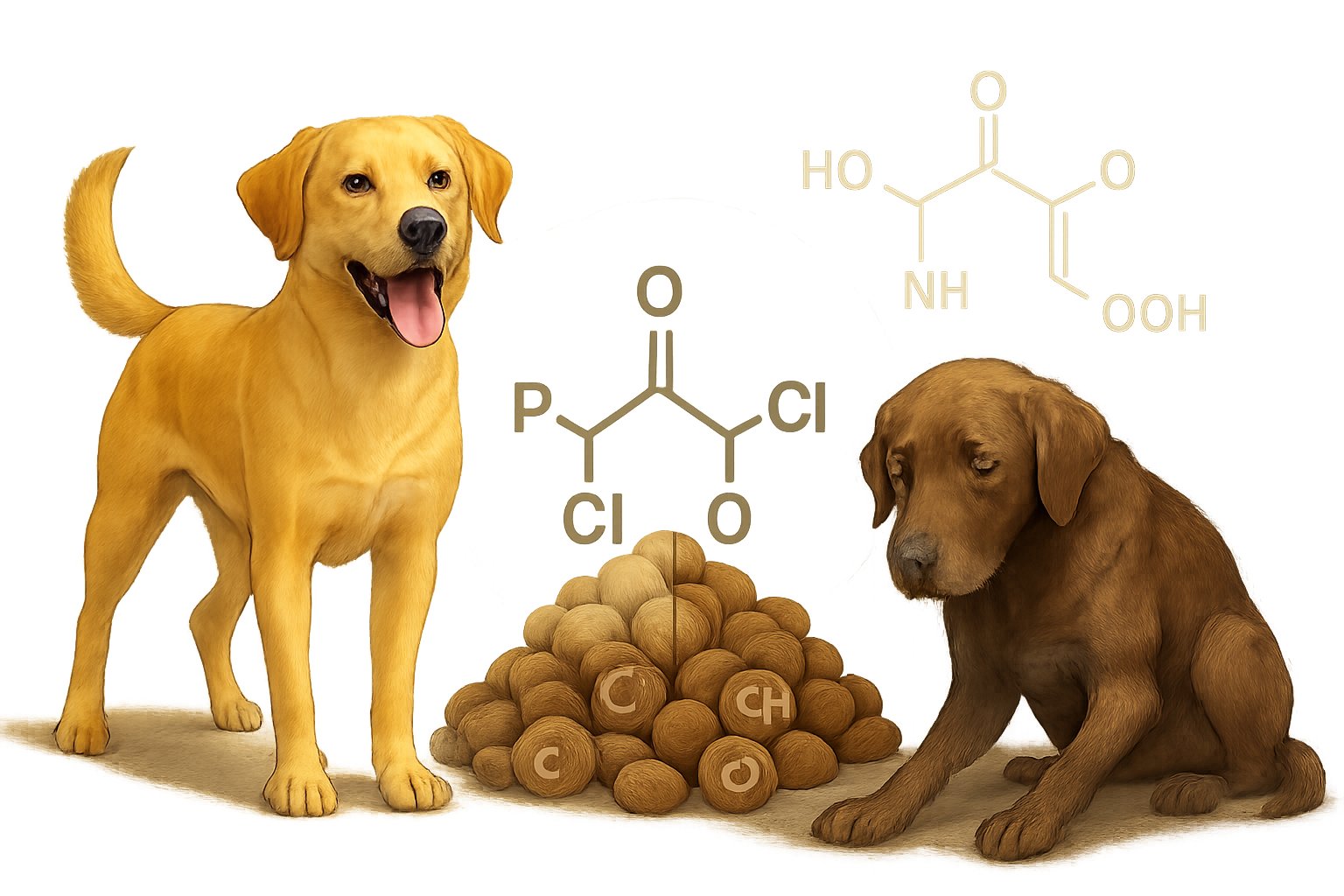 Two dogs side by side, one healthy and energetic, the other looking sick and lethargic, with dog food pellets and a molecular structure symbolizing chemical exposure between them.