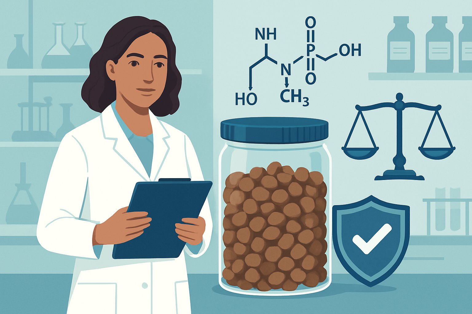 A scientist in a lab coat stands beside a container of dog food pellets with symbols of safety, molecular structure, and regulation in a laboratory setting.