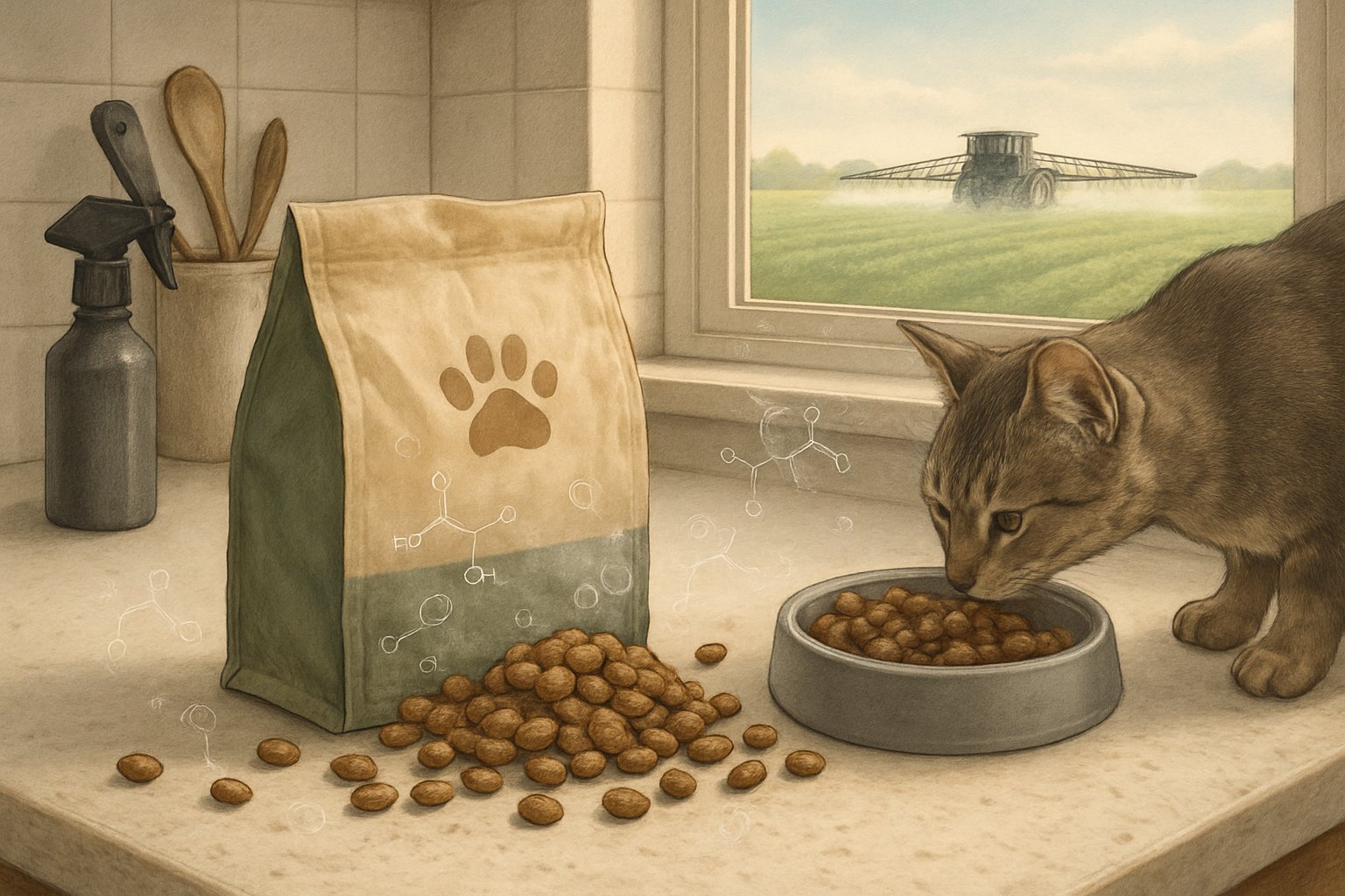 A cat near an open bag of cat food on a kitchen counter with faint chemical symbols and spray droplets indicating contamination, with agricultural fields and spraying equipment visible through a window.