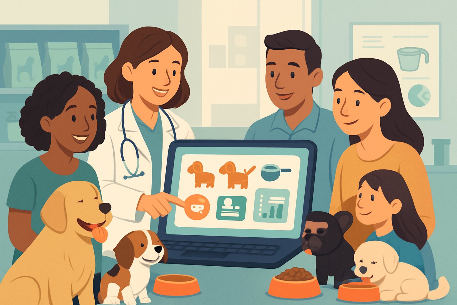 People and a veterinarian using a digital device to calculate dog food portions while various dogs wait nearby in a veterinary clinic setting.