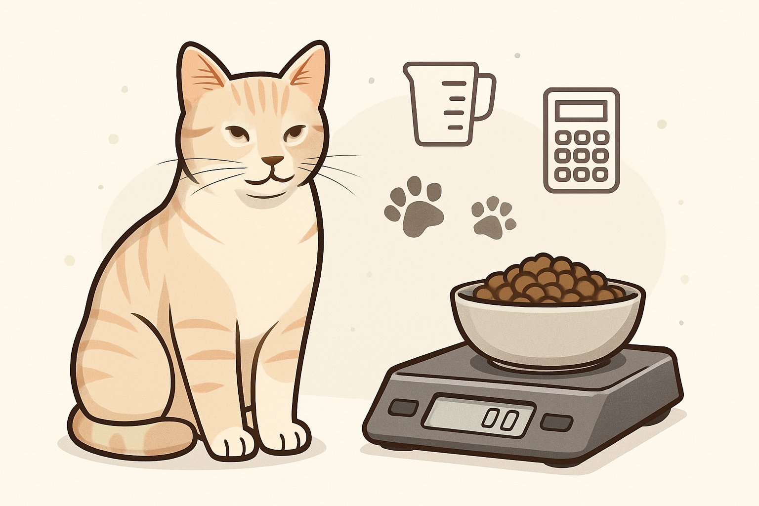 A calm domestic cat sitting next to a kitchen scale and a bowl with measured cat food portions.
