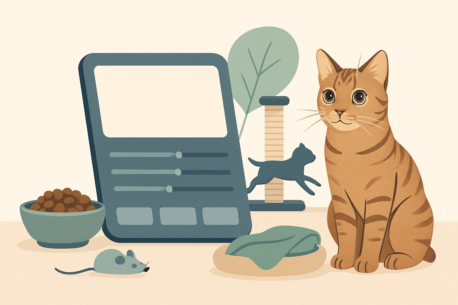 A cat sitting near a modern calculator surrounded by cat toys and food items representing different activity levels and lifestyles.