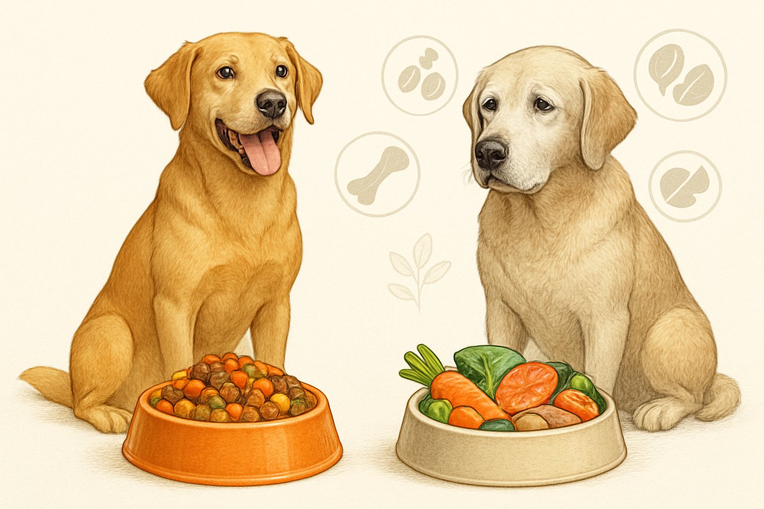 Two dogs side by side, an adult dog and a senior dog, each with a bowl of food suited to their age, highlighting differences in their nutrition needs.