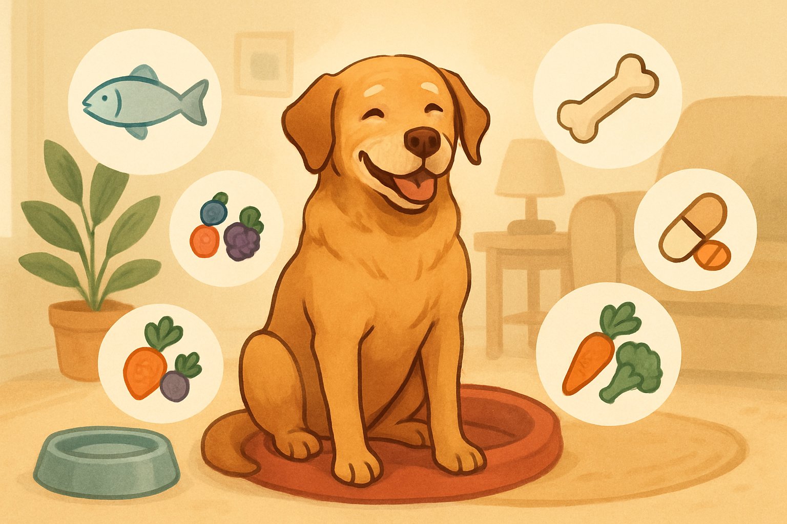 A happy senior dog sitting in a cozy home surrounded by icons representing important nutrients like fish, bones, berries, and vegetables.