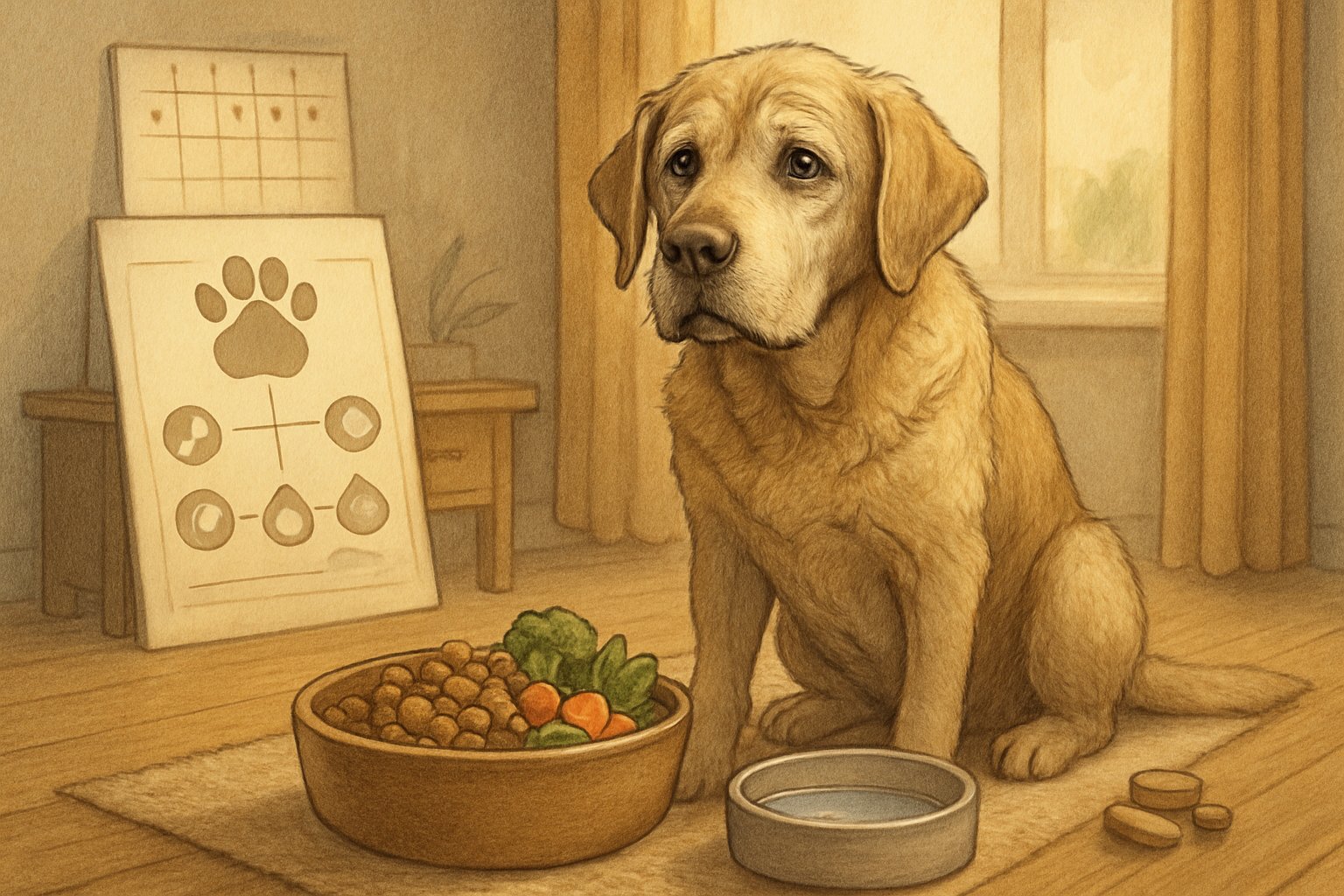 An elderly dog sitting beside a food bowl with healthy food, surrounded by items related to nutrition and care in a cozy home environment.