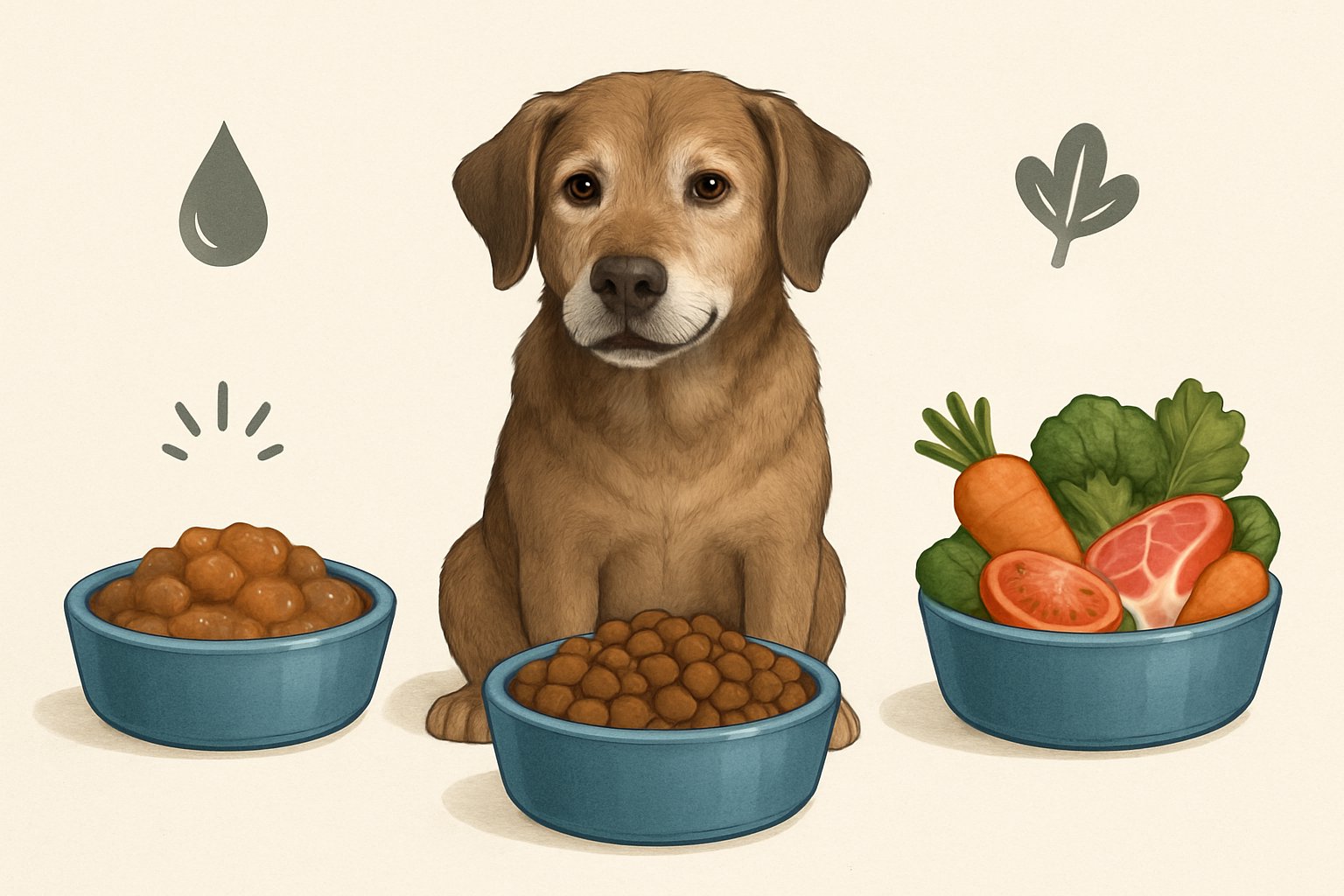 A senior dog sitting calmly with three bowls in front of it containing wet food, dry kibble, and fresh ingredients representing different types of dog food.