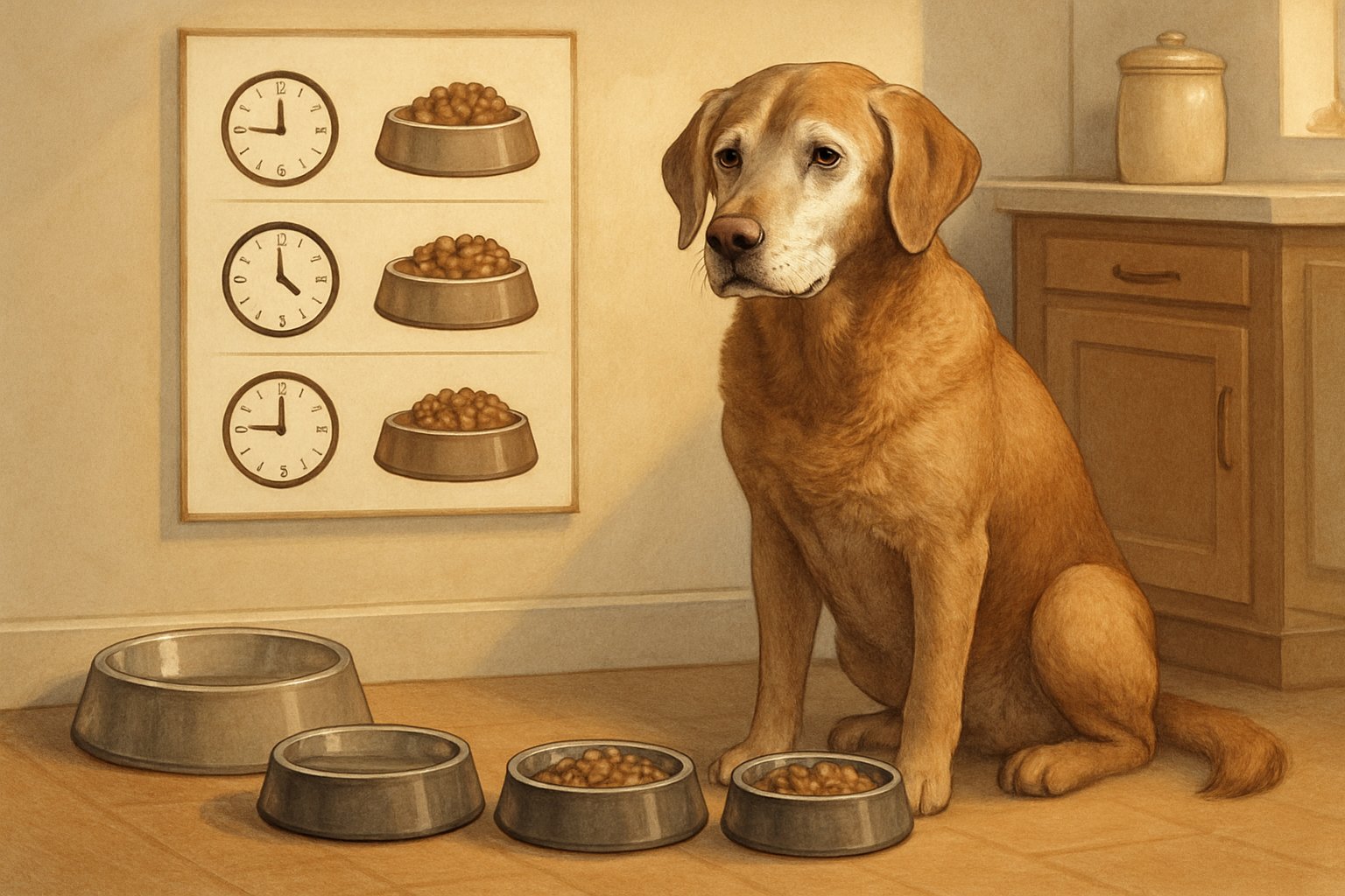 An elderly dog sitting next to a feeding station with bowls containing measured portions of food and a chart showing feeding times and portion sizes.