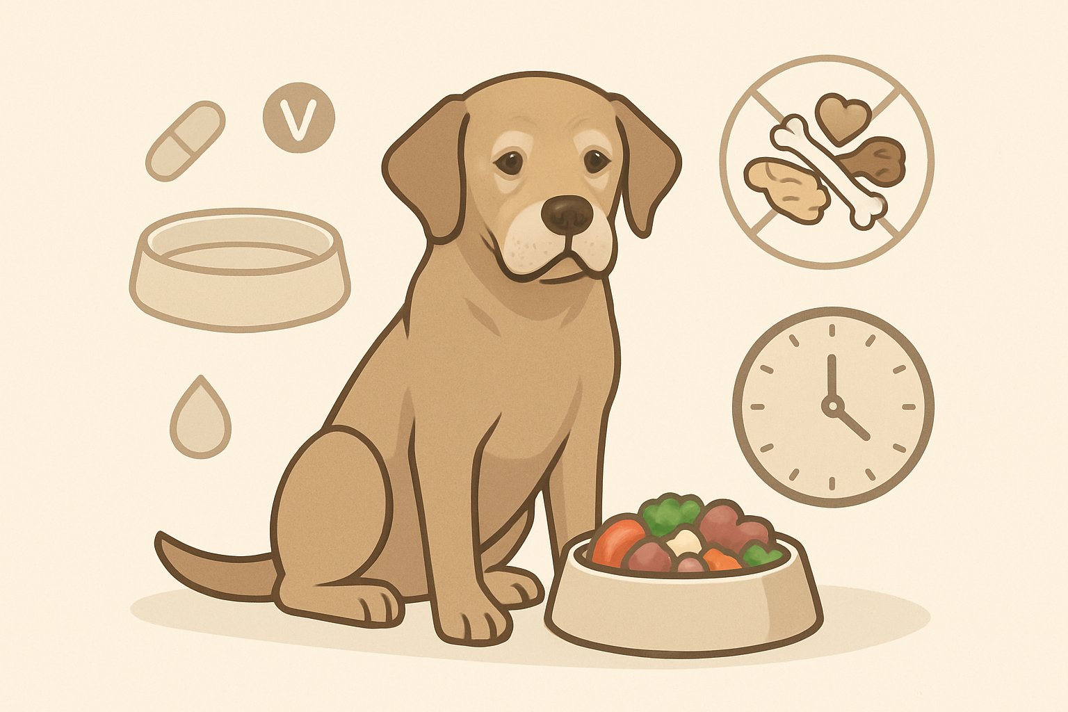 An elderly dog sitting next to a bowl of balanced food with icons depicting common senior dog diet mistakes to avoid, such as dehydration, unhealthy snacks, and irregular feeding times.