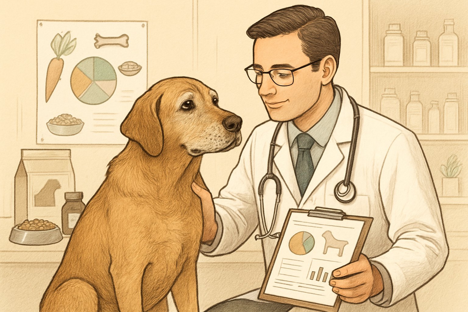 A senior dog sits next to a veterinarian in a clinic as the veterinarian examines the dog and reviews nutrition information.