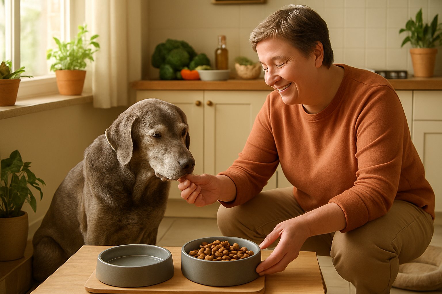 A senior dog sitting calmly by a food bowl while a caregiver gently offers a treat in a cozy kitchen setting.