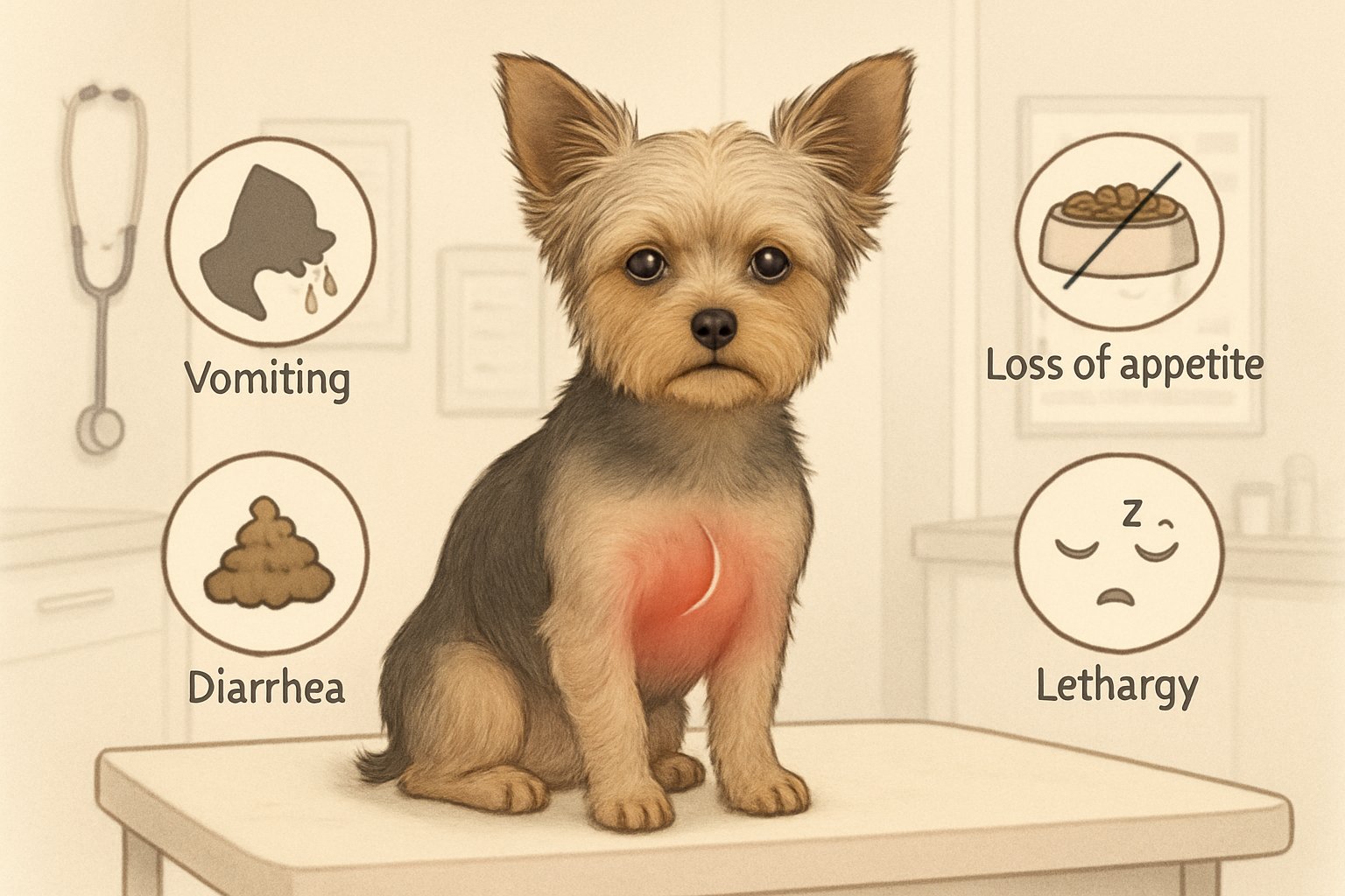A small dog on a veterinary exam table showing signs of digestive discomfort with a highlighted stomach area and subtle symbols representing symptoms.