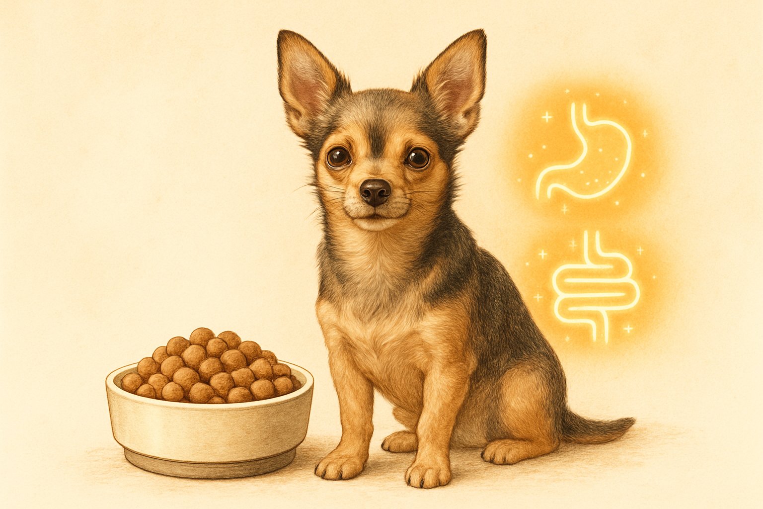 A small dog sitting next to a bowl of dog food with glowing icons symbolizing digestive health.