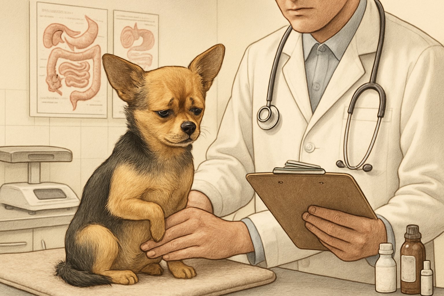 A small dog on a veterinary examination table being gently examined by a veterinarian in a clinic room.
