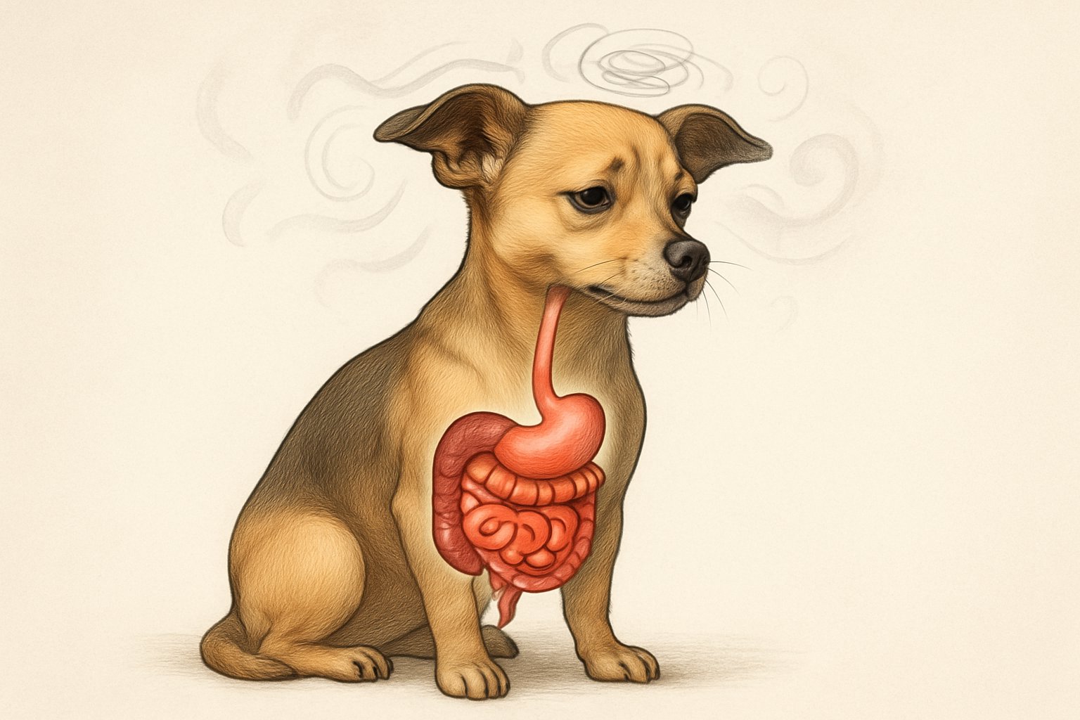 A small dog with a visible digestive system, showing the impact of stress on its digestive health.