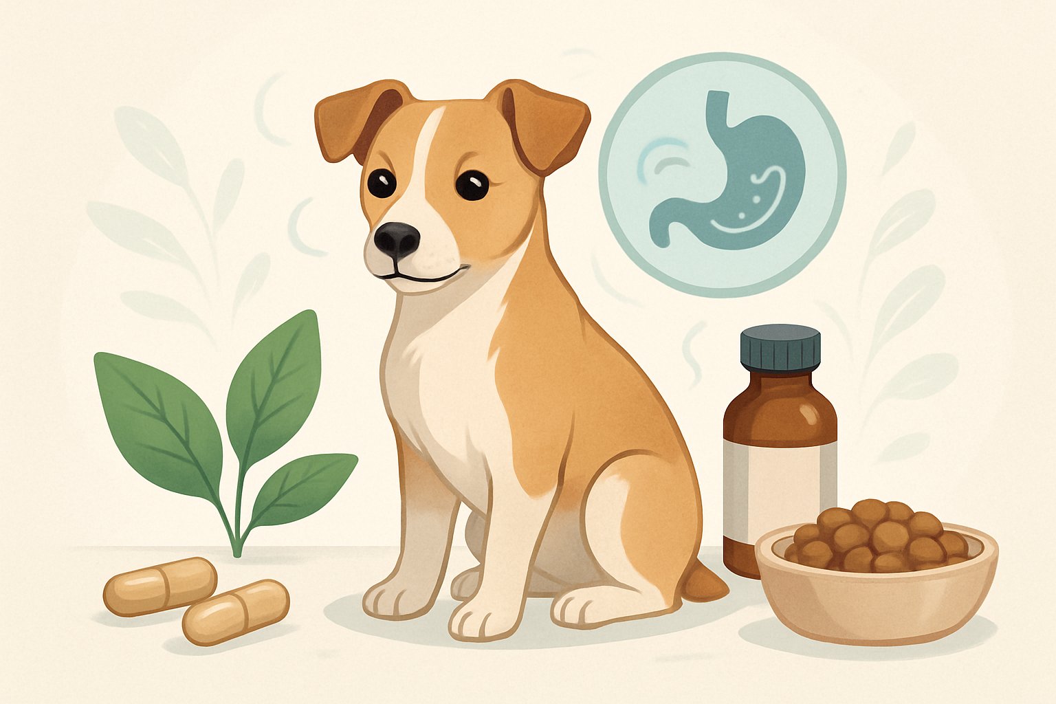 A small dog sitting calmly surrounded by natural supplements and remedies for digestive health, including herbs, capsules, and nutritious food.