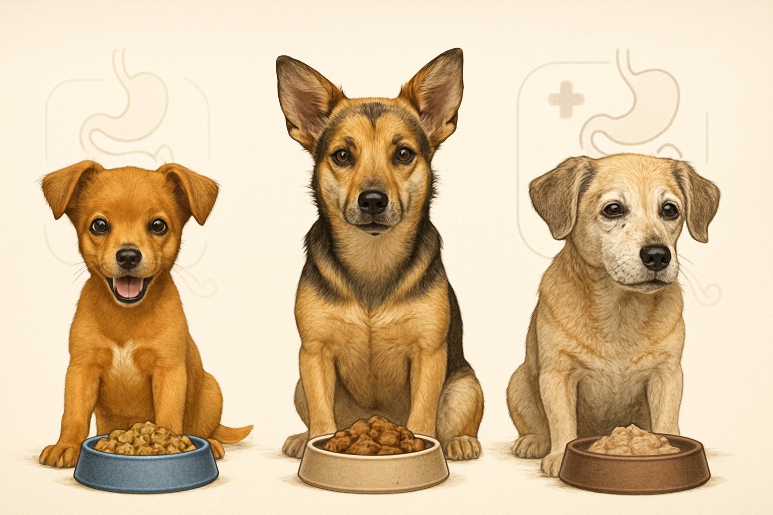 Three small dogs at different ages standing side by side with bowls of food, illustrating care for their digestive health as they grow older.