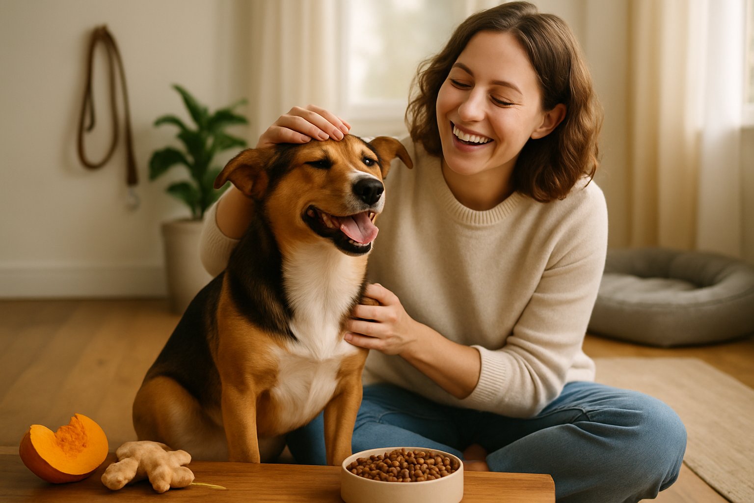 A small dog sitting happily next to its smiling owner in a cozy home setting with a bowl of dog food and natural ingredients nearby.
