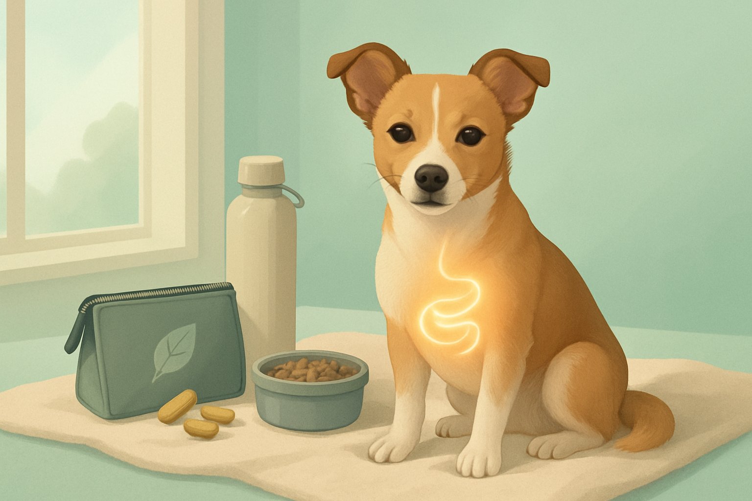 A small dog sitting calmly on a blanket with travel items nearby, highlighting digestive health and on-the-go care.