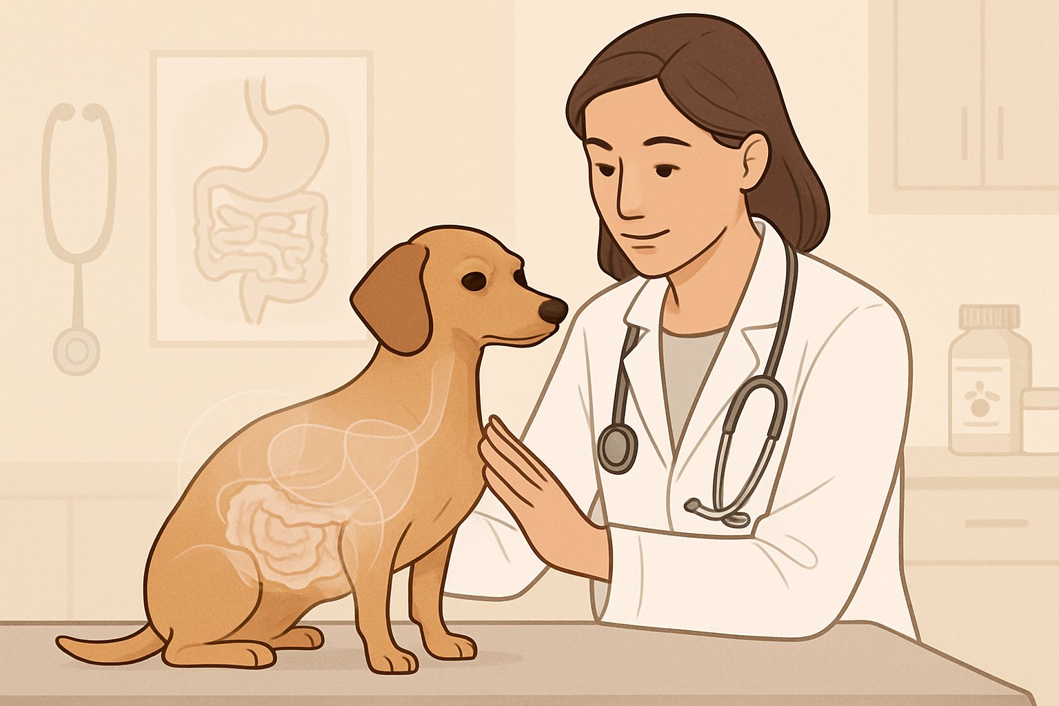 A small dog sitting on a veterinary examination table while a veterinarian gently examines it, with a transparent overlay showing the dog's digestive system.