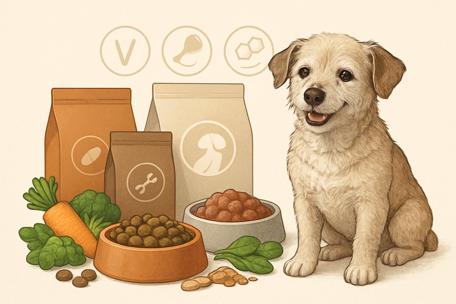 A happy senior small dog sitting next to several bowls and packages of dog food with icons representing nutrition and balanced ingredients.