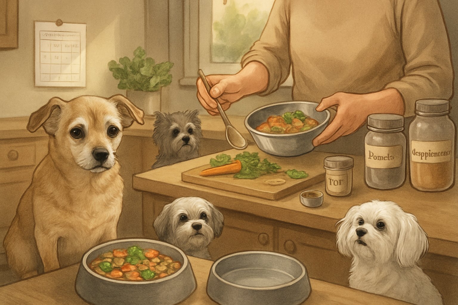 A kitchen scene showing a small senior dog near a bowl of nutritious food while a person prepares a balanced meal with fresh ingredients on the counter.