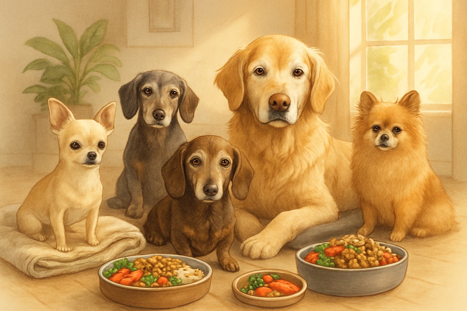 Several small and senior dogs resting comfortably with bowls of nutritious food and cozy bedding in a calm indoor setting.