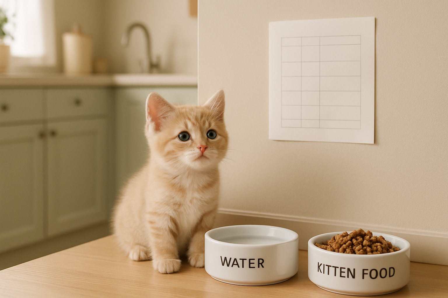 A kitten sitting next to a feeding station with bowls and a feeding schedule chart in a tidy kitchen.