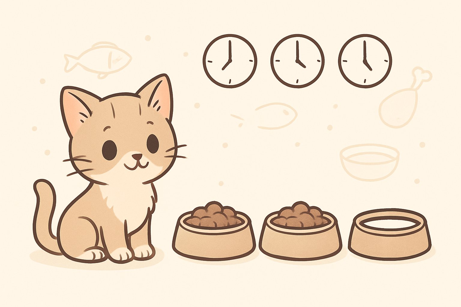 A small kitten sitting next to three feeding bowls with clock icons above them representing morning, afternoon, and evening feeding times.
