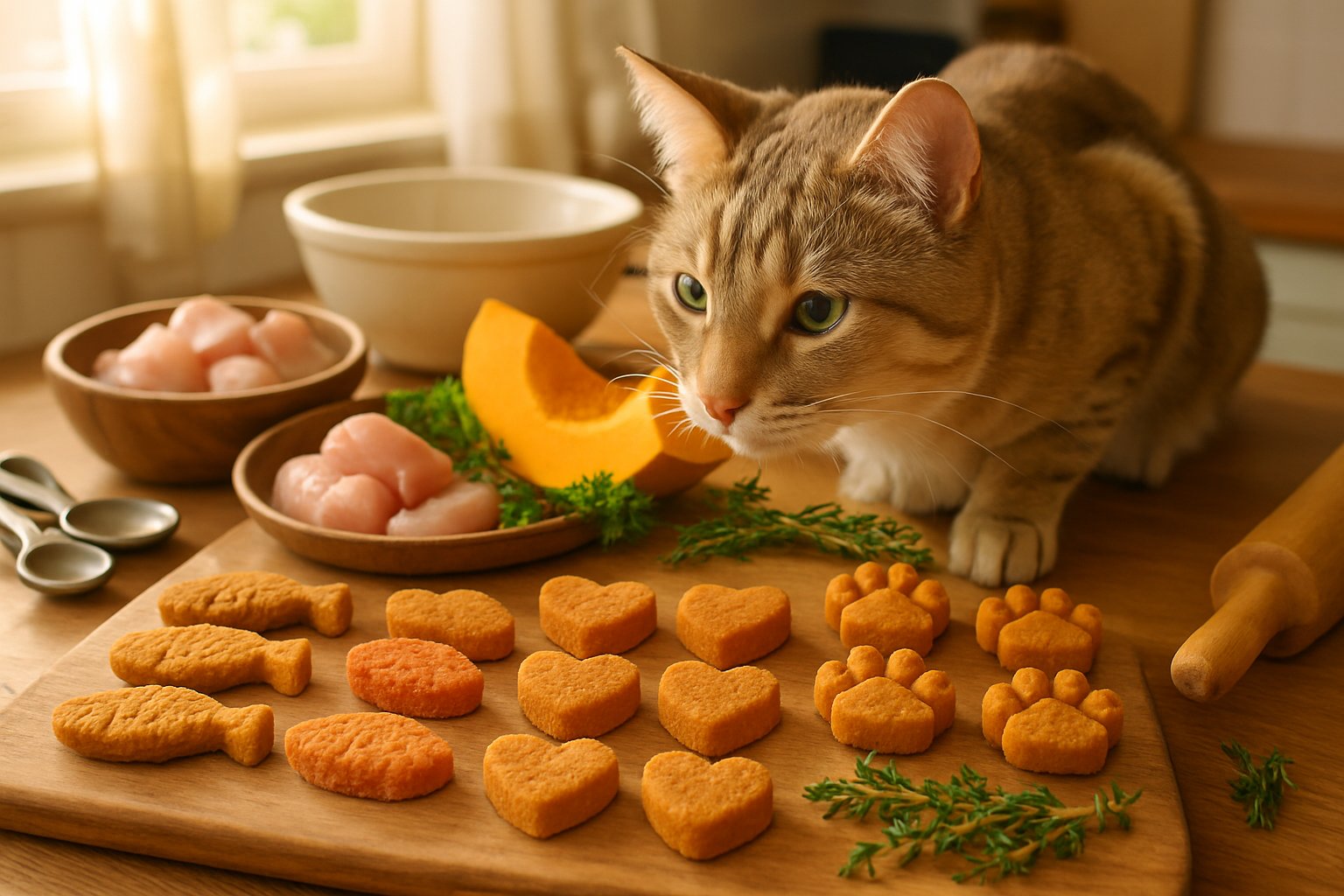 A cat sitting on a kitchen counter next to an assortment of homemade cat treats and fresh ingredients.