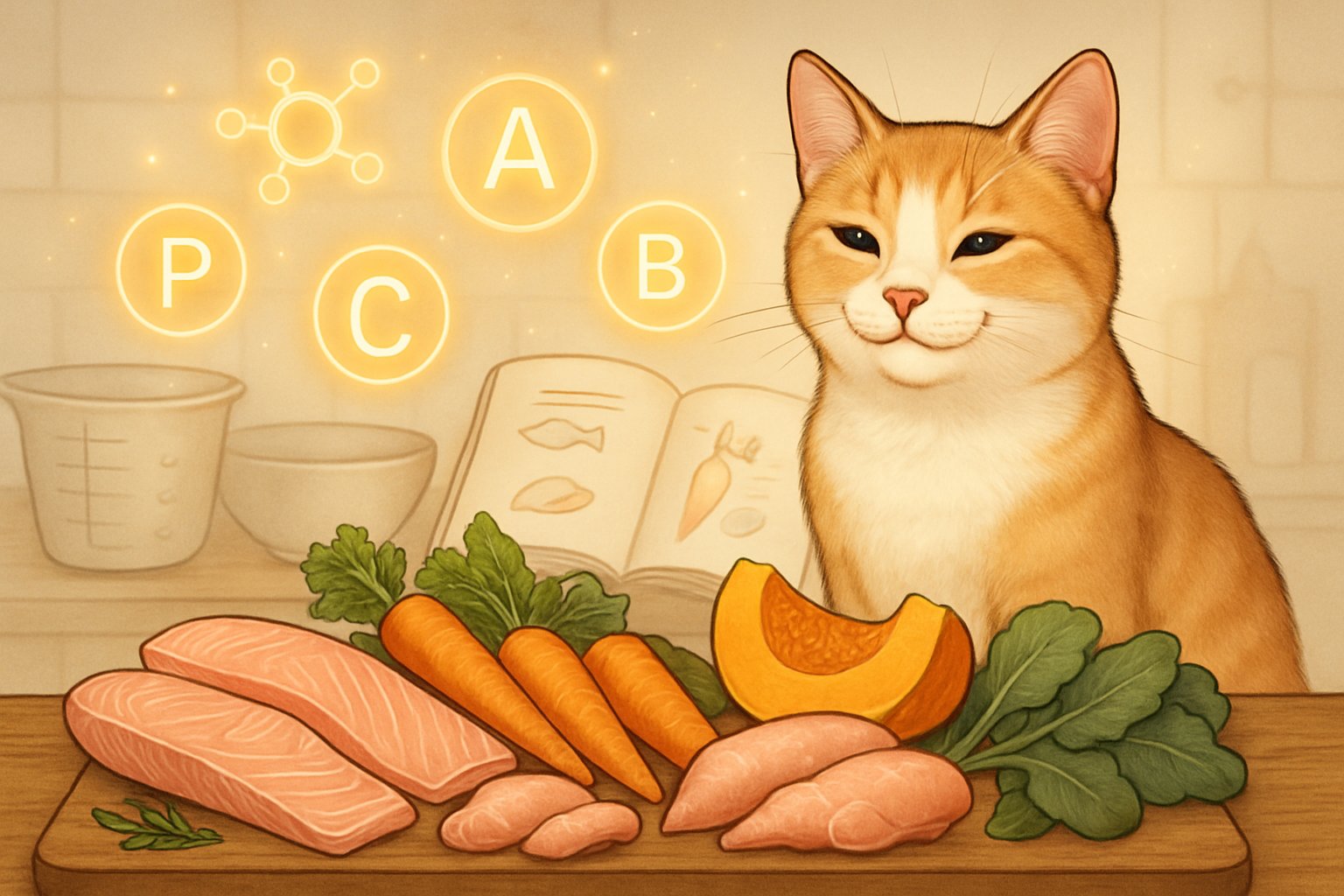 A healthy cat sitting next to a table with fresh ingredients like fish, chicken, vegetables, and kitchen tools used for making homemade cat treats.
