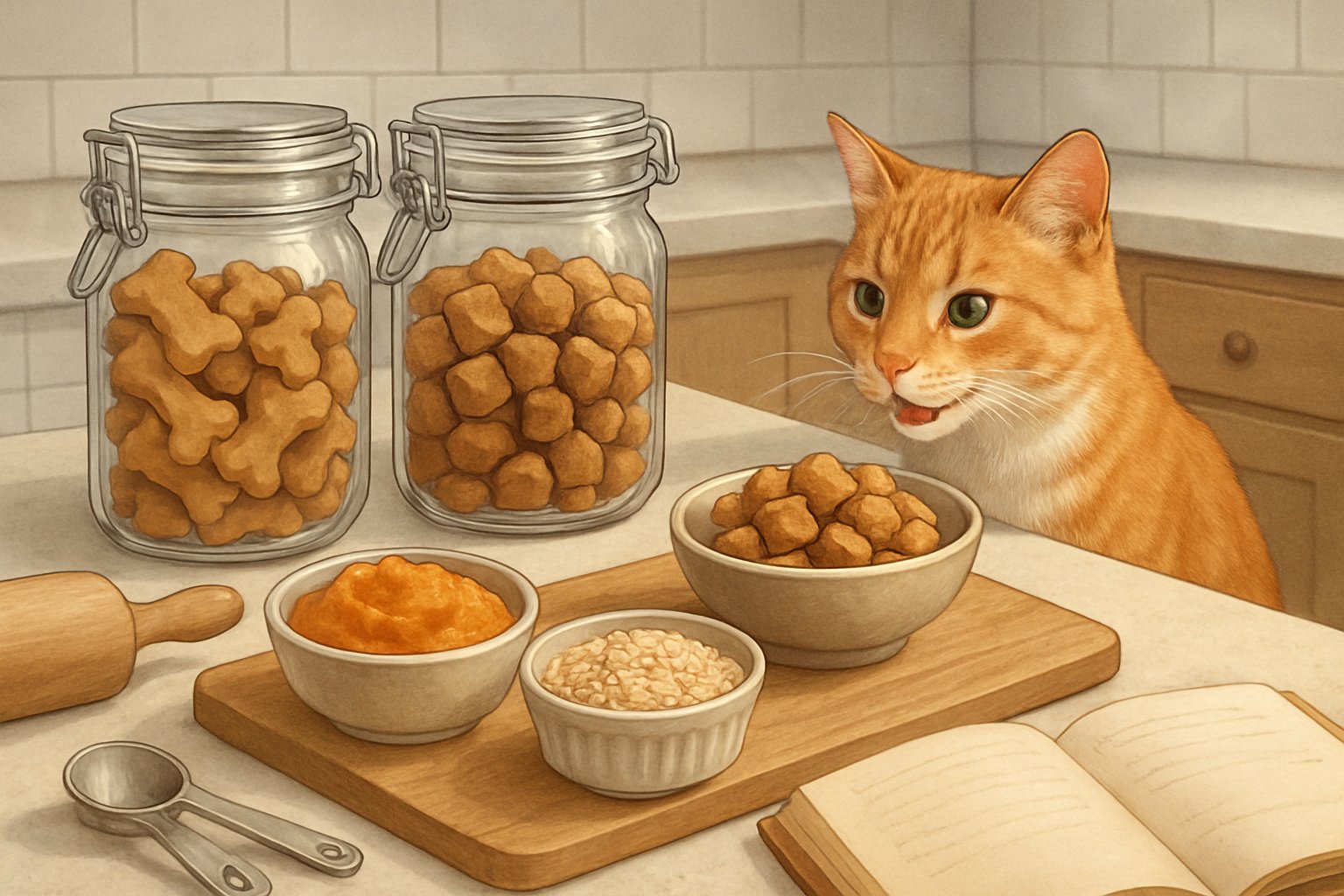 A kitchen countertop with jars of homemade cat treats, a bowl of treats next to a cat, and various ingredients arranged for making different cat treat recipes.